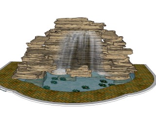 中式假山水池跌水草图大师模型，假山水景sketchup模型skp文件分享