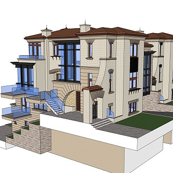 现代独栋别墅草图大师模型下载，独栋别墅sketchup模型