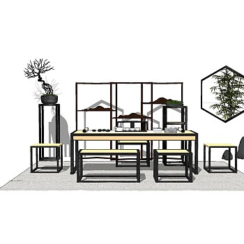 中式桌椅组合su模型，桌椅组合草图大师模型下载