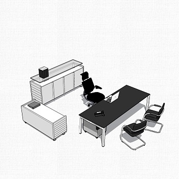 现代简约老板桌附文件柜su模型，老板桌附文件柜skp模型下载