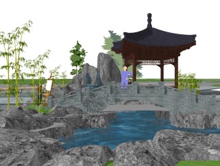 中式小桥流水景观小品草图大师模型，小桥流水景观小品sketchup模型下载