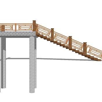 新中式实木单跑楼梯草图大师模型，实木单跑楼梯sketchup模型免费下载