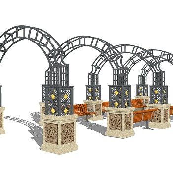 欧式铁艺廊架草图大师模型，铁艺廊架sketchup模型下载