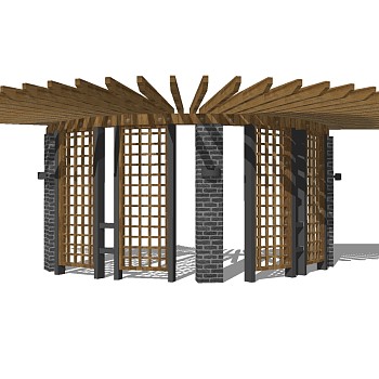 新中式弧形实木廊架草图大师模型，弧形实木廊架sketchup模型下载