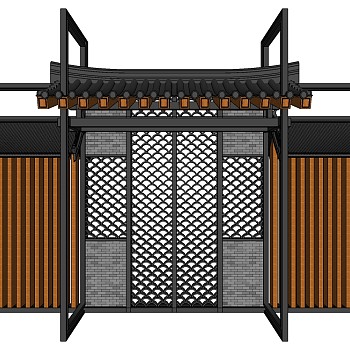 中式景观墙sketchup模型下载，景观墙草图大师模型