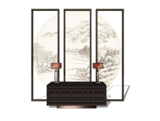 新中式背景墙su模型，背景墙草图大师模型下载
