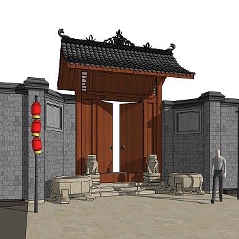 中式古建门头草图大师模型，古代院门sketchup模型免费下载