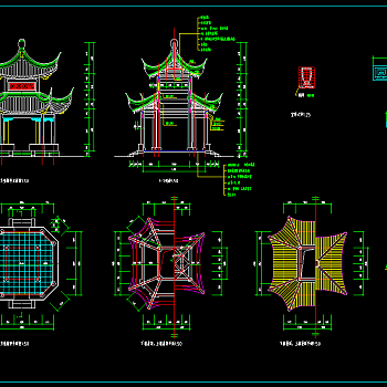 现代中式八角亭cad施工图，观景亭cad竣工图下载