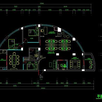 半圆形办公区装修施工图，CAD建筑图纸免费下载