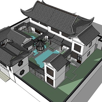 中式别墅四合院su模型下载、中式别墅四合院草图大师模型下载