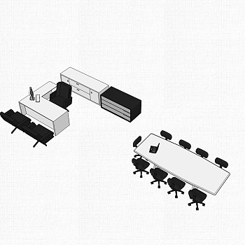 现代白色班台桌与会议桌su模型，班台桌附会议桌skp模型下载