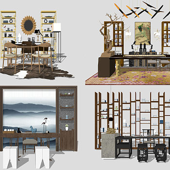 中式书桌装饰柜组合su模型，书桌sketchup模型下载