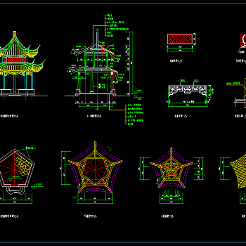 多套中式观赏亭cad图纸，观景亭cad施工图下载