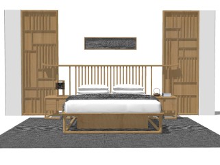 新中式双人床 su模型，双人床sketchup模型下载