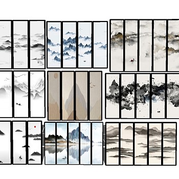 新中式水墨装饰画组合sketchup小妹下载，装饰画组合草图大师模型