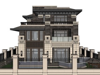 新中式别墅庭院su模型下载、中式别墅庭院草图大师模型下载