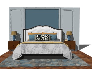 美式双人床sketchup模型，双人床skp模型下载