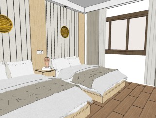 现代酒店双人房su模型，酒店双人房sketchup模型下载