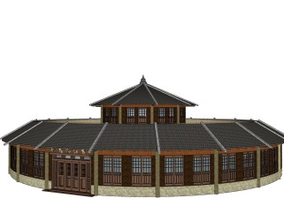 中式古建土楼免费su模型下载、古建土楼草图大师模型下载