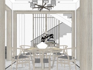 禅意新中式客餐厅草图大师模型，餐厅SU模型下载