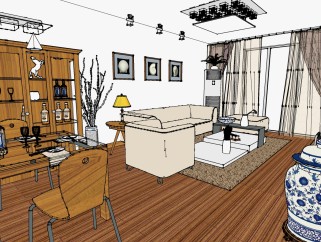  新中式客厅sketchup模型下载，客厅草图大师模型