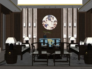 新中式客厅草图大师模型，客厅sketchup模型下载