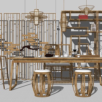 新中式茶桌椅组合su模型(1)，茶桌sketchup模型下载