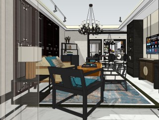 新中式家具组合客厅su模型，客厅skp模型下载