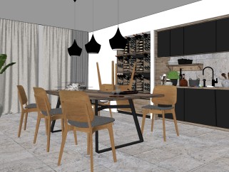现代北欧开放式厨房餐厅草图大师模型，厨房SU模型下载