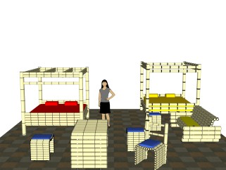现代竹制品sketchup模型，桌椅床组合草图大师模型下载