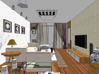  现代木式客厅su模型，客厅skb文件下载