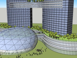 现代绿色生态办公楼群免费su模型、双子大楼