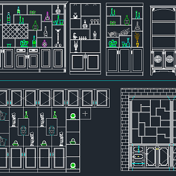 博古架博古柜装饰柜CAD图库，酒柜CAD施工图纸下载