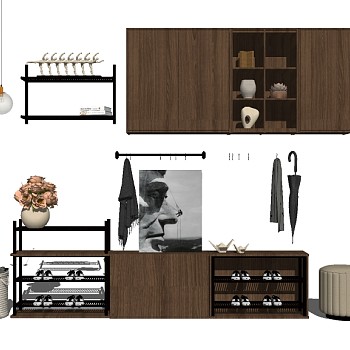 现代实木鞋柜组合su模型，鞋柜草图大师模型下载