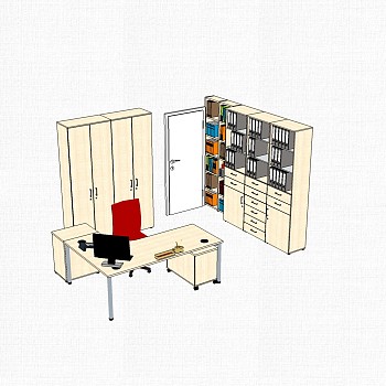 现代班台桌文件柜组合su模型，班台桌文件柜组合skp模型下载