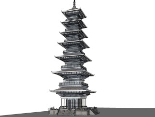 中式古建塔楼免费su模型下载、塔楼草图大师模型下载