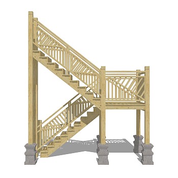 现代实木双跑平行楼梯草图大师模型，实木双跑平行楼梯sketchup模型免费下载