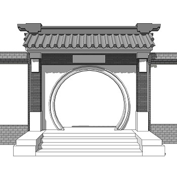 中式院门院墙草图大师模型，院门院墙sketchup模型免费下载