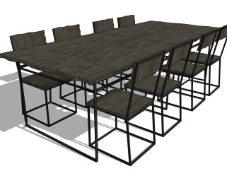 工业风餐桌椅su模型，八人餐桌长桌子草图大师模型下载