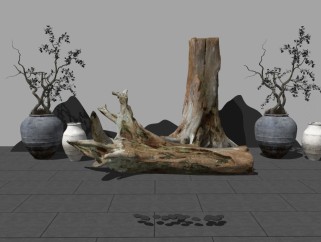 新中式枯树盆栽摆件skb模型分享，枯树盆栽摆件草图大师模型下载