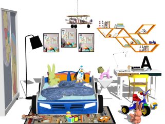 现代儿童卧室草图大师模型，儿童房su模型下载