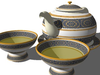 欧式茶壶茶杯草图大师模型，茶具sketchup模型