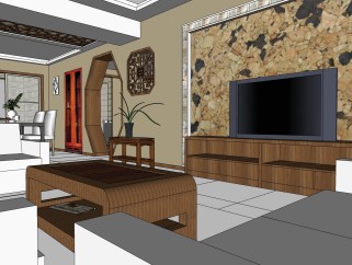  现代中式客厅草图大师模型，客厅sketchup模型下载
