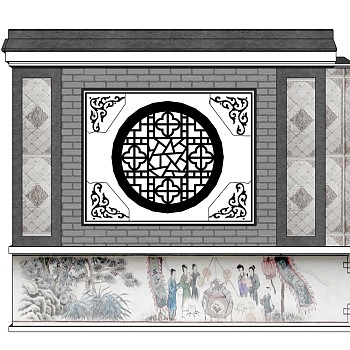 中式景观墙草图大师模型，景墙sketchup模型下载