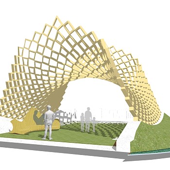 现代实木造型廊架组合草图大师模型，造型廊架组合sketchup模型下载