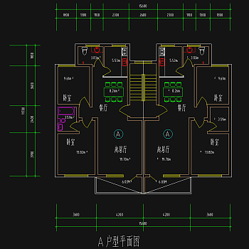 1梯2户户型图CAD施工图，住宅户型图CAD建筑图纸下载