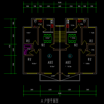 1梯2户户型图CAD施工图，住宅户型图CAD建筑图纸下载