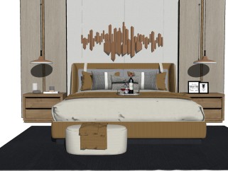 现代卧室双人床组合草图大师模型，双人床sketchup模型下载