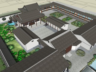 中式古建书院免费su模型下载、书院草图大师模型下载
