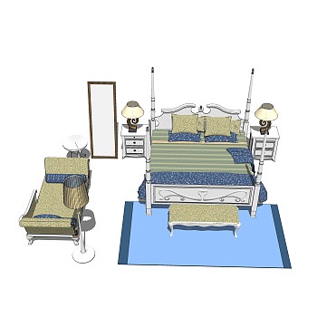 欧式双人床草图大师模型，双人床SKP模型下载